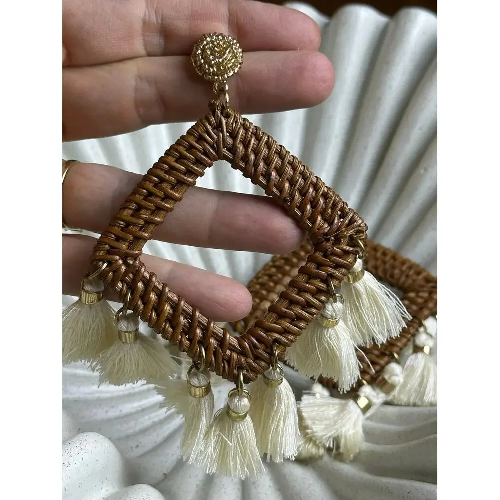 BOGO FREE Boho Rattan Tassel Statement Earrings Fringe Coastal Cowgirl